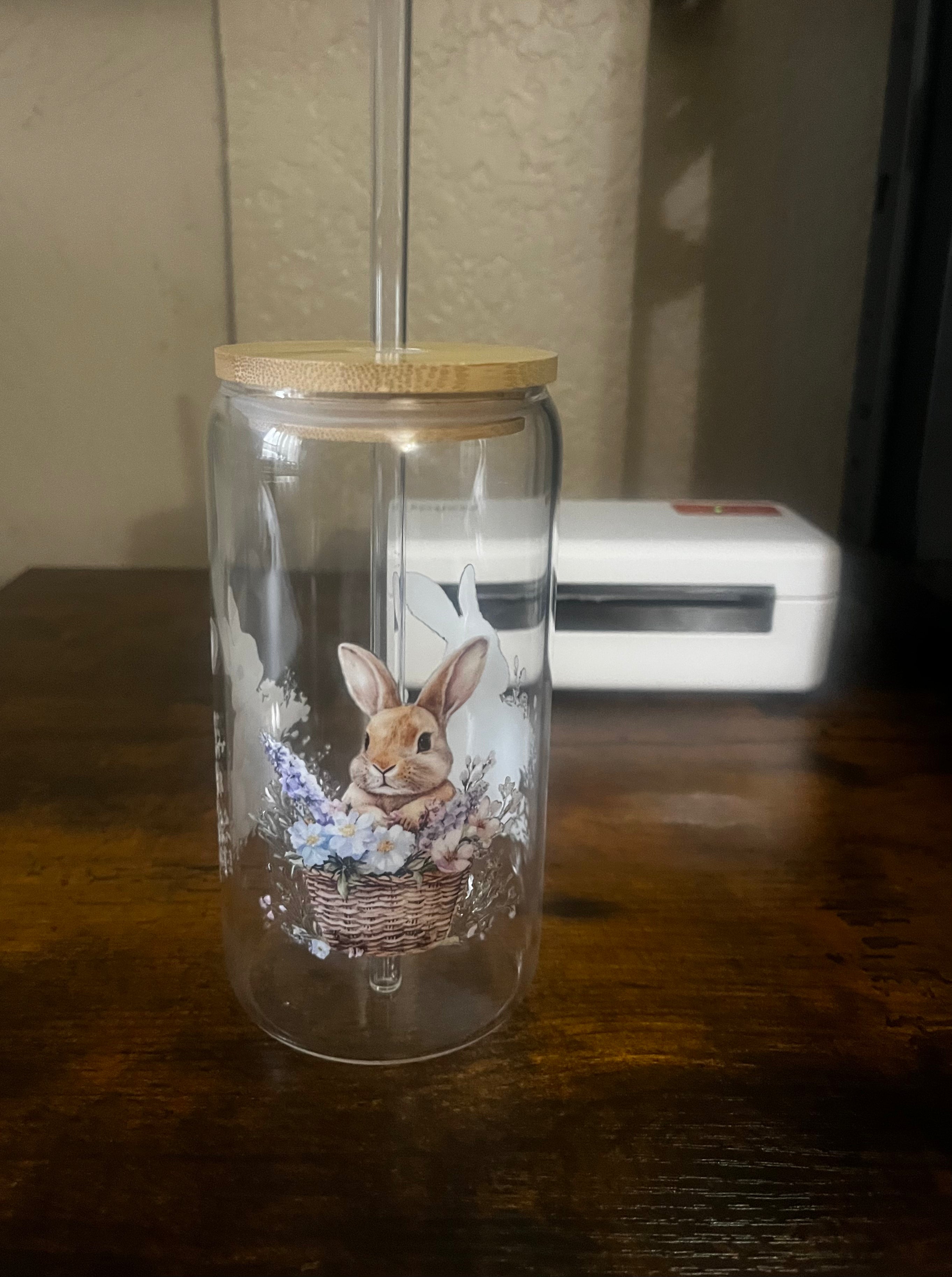 Personalized Glass cup with Floral Bunny